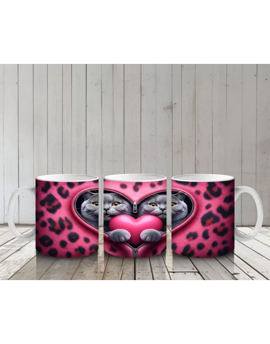 Kalpli Çerçevede Sarılmış Sevimli Gri Kedi Çifti - Baskılı kahve kupası