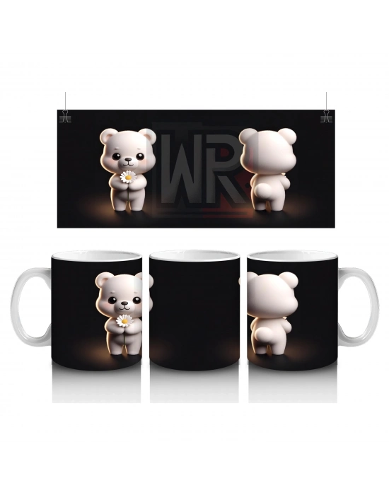 Kalpli Çiçek Tutan Ayıcık ve Arka Yüzü – Baskılı Kahve Kupası