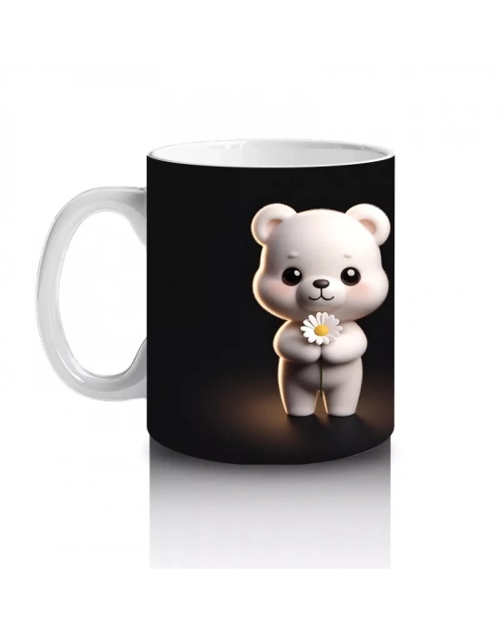 Kalpli Çiçek Tutan Ayıcık ve Arka Yüzü – Baskılı Kahve Kupası