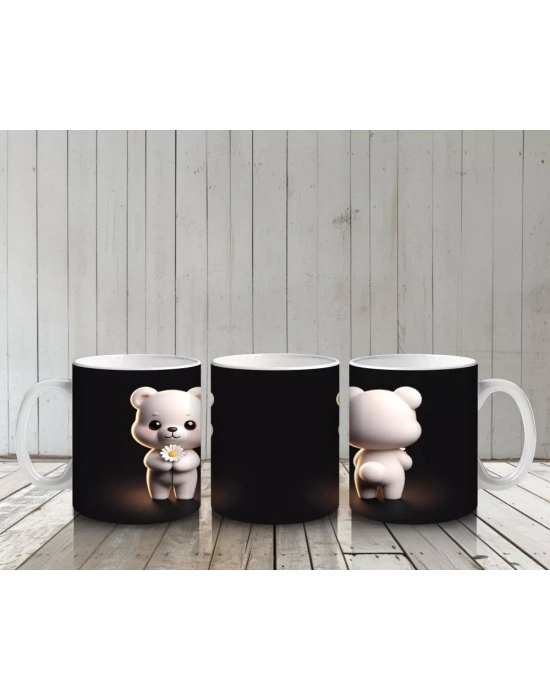 Kalpli Çiçek Tutan Ayıcık ve Arka Yüzü – Baskılı Kahve Kupası