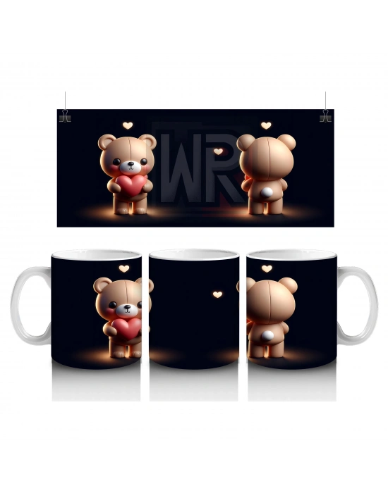 Kalpli Çiçek Tutan Ayıcık ve Sırt Görünümü – Baskılı Kahve Kupası