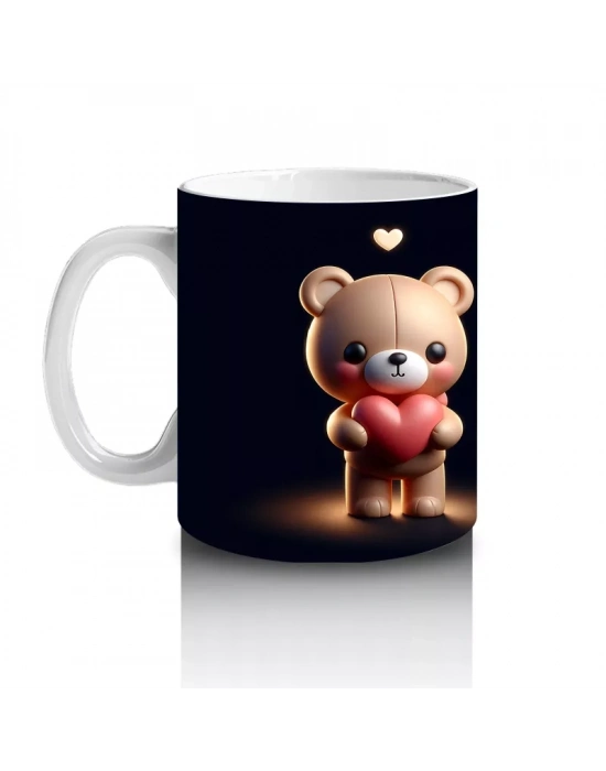 Kalpli Çiçek Tutan Ayıcık ve Sırt Görünümü – Baskılı Kahve Kupası