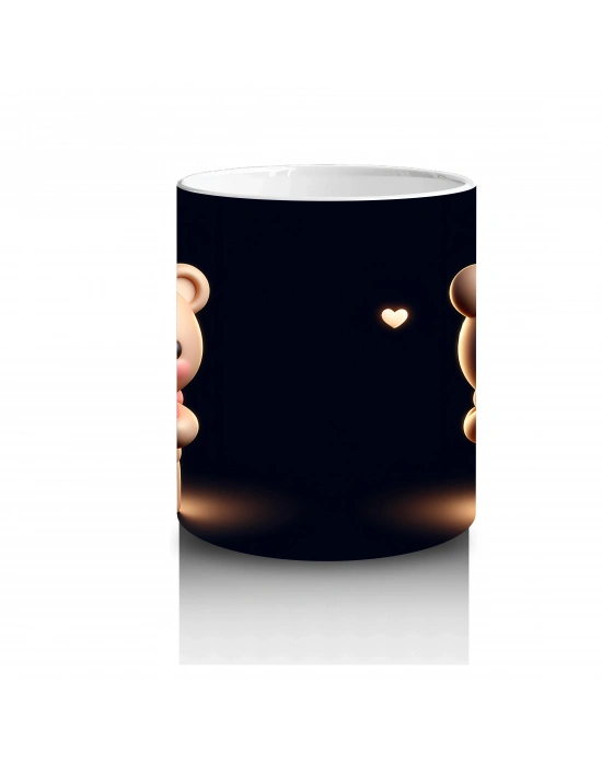 Kalpli Çiçek Tutan Ayıcık ve Sırt Görünümü – Baskılı Kahve Kupası