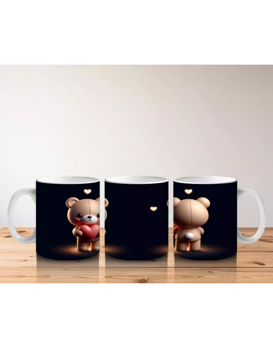 Kalpli Çiçek Tutan Ayıcık ve Sırt Görünümü – Baskılı Kahve Kupası