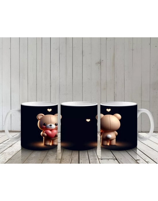 Kalpli Çiçek Tutan Ayıcık ve Sırt Görünümü – Baskılı Kahve Kupası