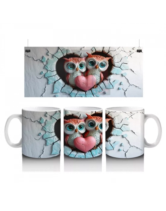 Kalpli Detaylı Kırık Duvarlı Baykuşlar - Baskılı Kahve Kupası