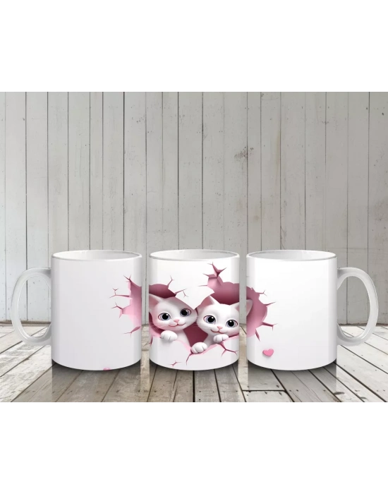 Kalpli Duvar Arasında Aşık Kedi Çifti - Baskılı Kahve Kupası