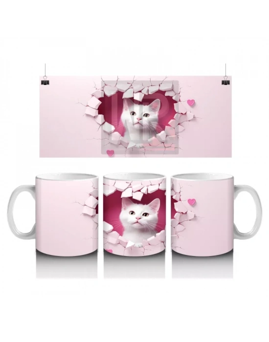 Kalpli Duvar Arasında Beyaz Kedi Yavrusu – Baskılı Kahve Kupası