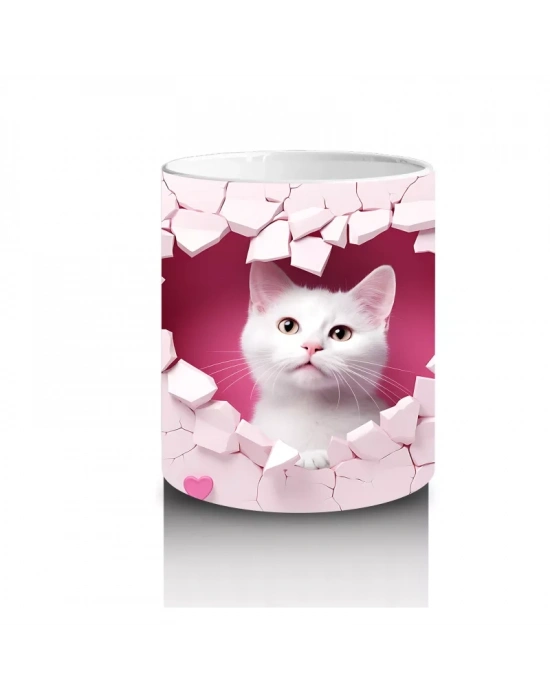 Kalpli Duvar Arasında Beyaz Kedi Yavrusu – Baskılı Kahve Kupası