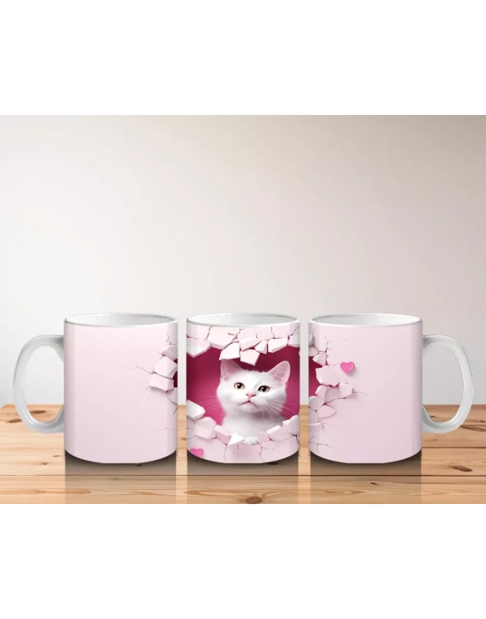 Kalpli Duvar Arasında Beyaz Kedi Yavrusu – Baskılı Kahve Kupası