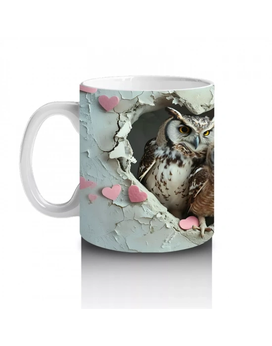 Kalpli Duvarın İçinden Bakan Baykuş ve Yavrusu - Baskılı kahve kupası