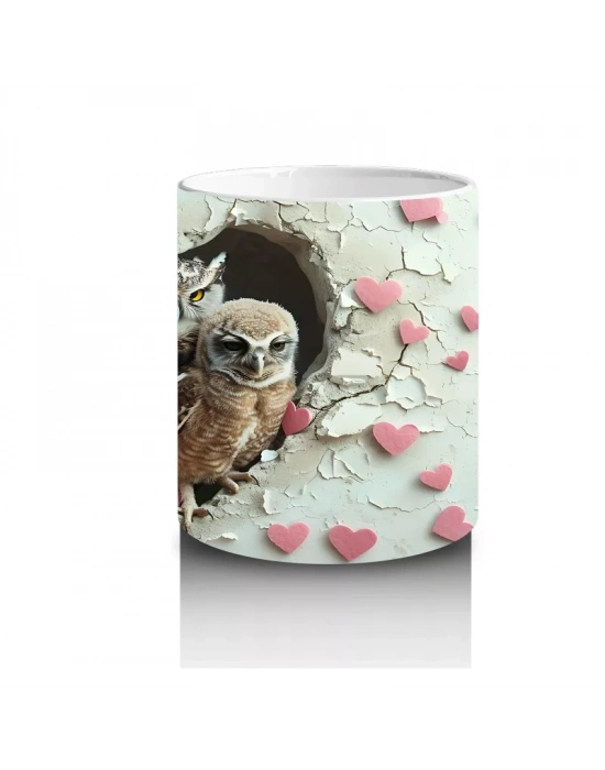 Kalpli Duvarın İçinden Bakan Baykuş ve Yavrusu - Baskılı kahve kupası