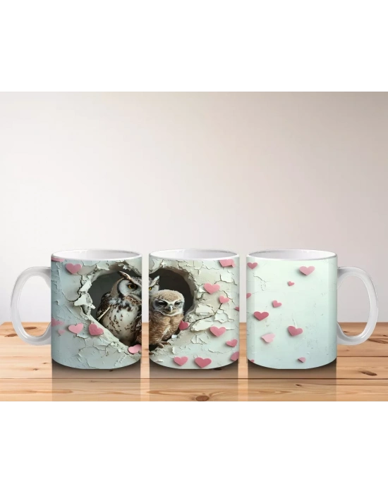 Kalpli Duvarın İçinden Bakan Baykuş ve Yavrusu - Baskılı kahve kupası