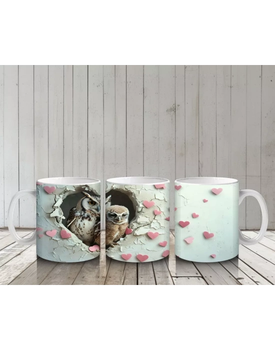 Kalpli Duvarın İçinden Bakan Baykuş ve Yavrusu - Baskılı kahve kupası