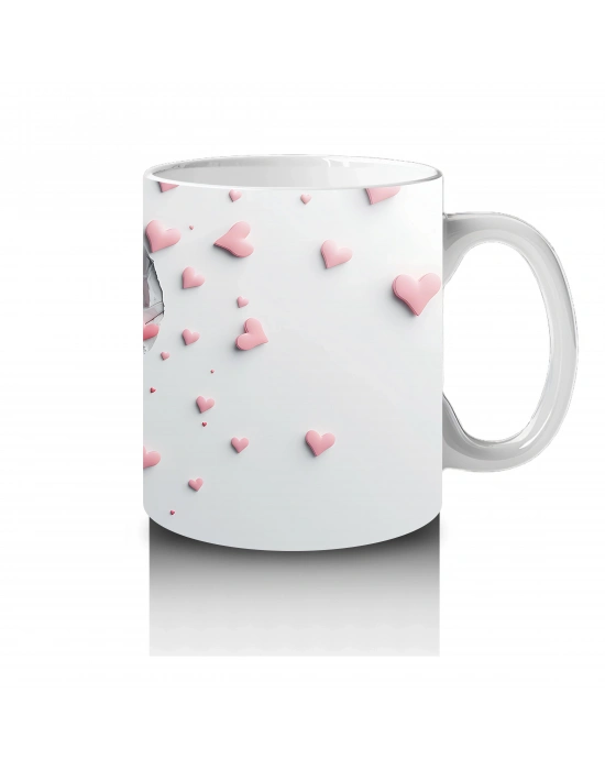 Kalpli Figür Oluşturan Pembe Kelebek ve Kalpler - Baskılı kahve kupası