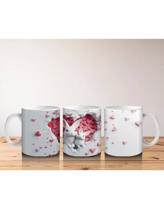 Kalpli Figür Oluşturan Pembe Kelebek ve Kalpler - Baskılı kahve kupası