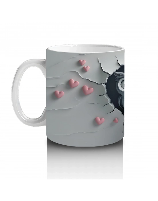 Kalpli Figür Tutan Çatlak Zeminden Bakan Baykuş Çifti - Baskılı kahve kupası