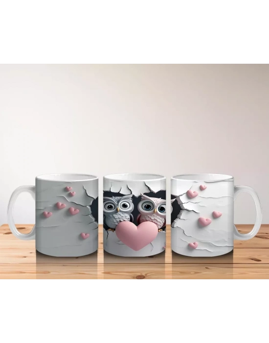 Kalpli Figür Tutan Çatlak Zeminden Bakan Baykuş Çifti - Baskılı kahve kupası