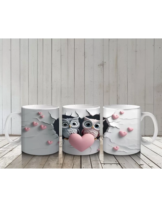 Kalpli Figür Tutan Çatlak Zeminden Bakan Baykuş Çifti - Baskılı kahve kupası