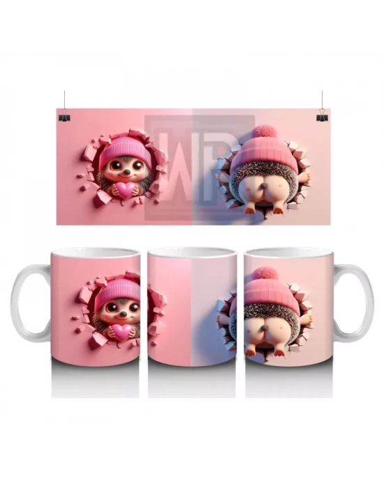 Kalpli Figür Tutan Pembe Bereli Kirpi Karakteri - Baskılı kahve kupası