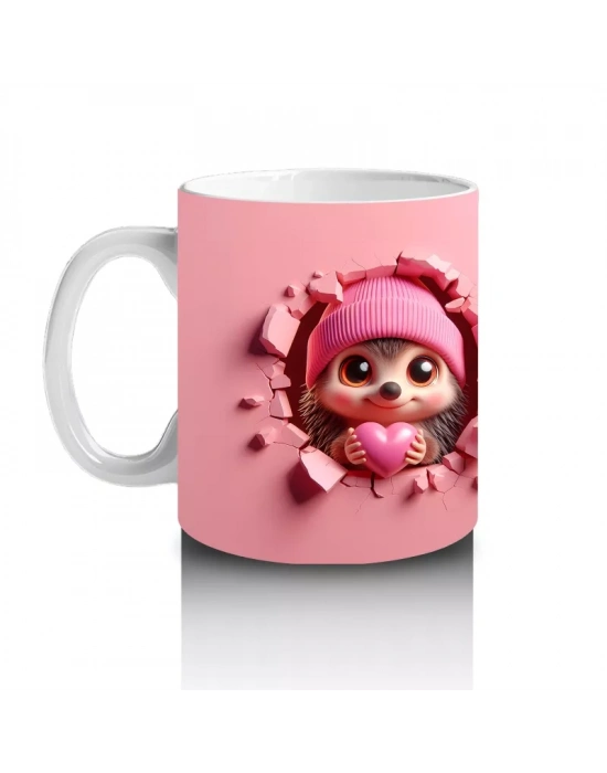 Kalpli Figür Tutan Pembe Bereli Kirpi Karakteri - Baskılı kahve kupası