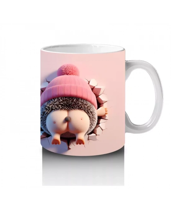 Kalpli Figür Tutan Pembe Bereli Kirpi Karakteri - Baskılı kahve kupası