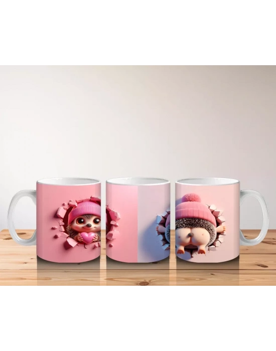 Kalpli Figür Tutan Pembe Bereli Kirpi Karakteri - Baskılı kahve kupası