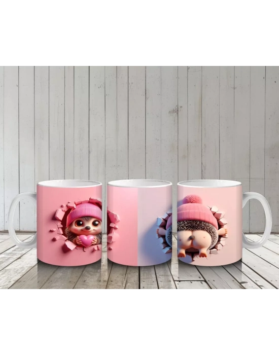 Kalpli Figür Tutan Pembe Bereli Kirpi Karakteri - Baskılı kahve kupası