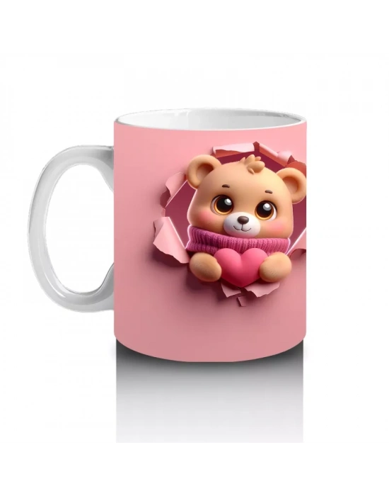 Kalpli Figür Tutan Sevimli Ayıcık Karakteri - Baskılı kahve kupası