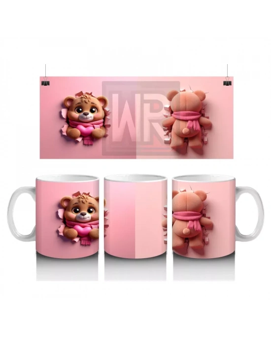 Kalpli Figür Tutan Sevimli Ayıcık Karakteri (Ön ve Arka) - Baskılı kahve kupası