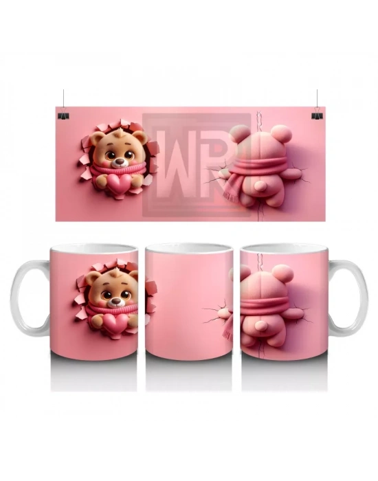 Kalpli Figür Tutan Sevimli Ayıcık Karakteri (Ön ve Arka) - Baskılı kahve kupası