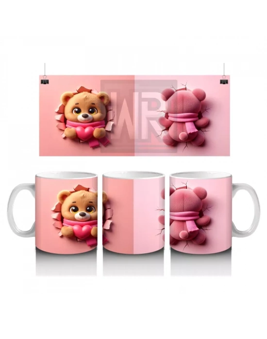 Kalpli Figür Tutan Sevimli Ayıcık Karakteri (Ön ve Arka) - Baskılı kahve kupası