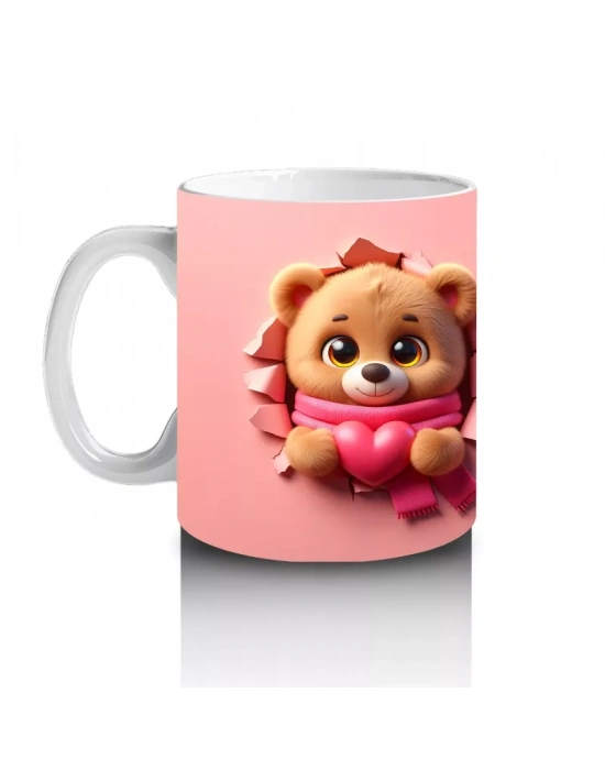 Kalpli Figür Tutan Sevimli Ayıcık Karakteri (Ön ve Arka) - Baskılı kahve kupası