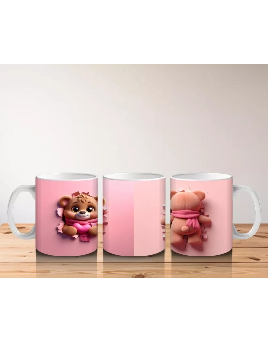 Kalpli Figür Tutan Sevimli Ayıcık Karakteri (Ön ve Arka) - Baskılı kahve kupası