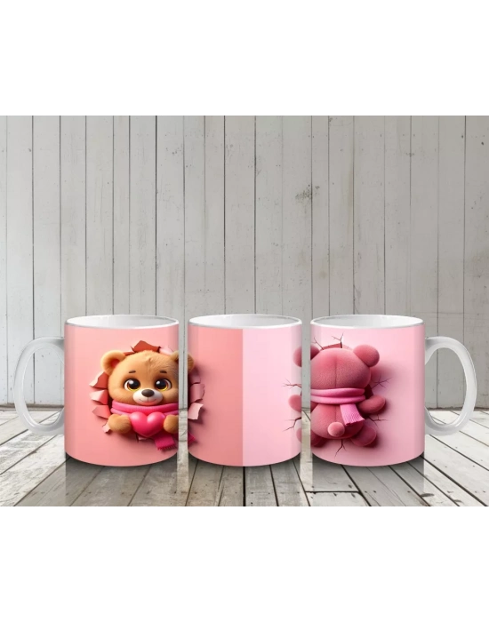 Kalpli Figür Tutan Sevimli Ayıcık Karakteri (Ön ve Arka) - Baskılı kahve kupası