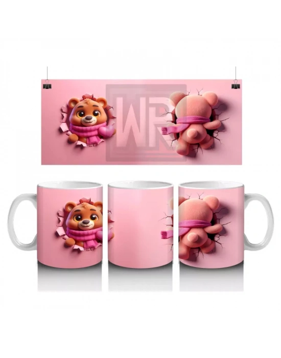 Kalpli Figür Tutan Sevimli Ayıcık Karakteri (Pembe Şal Detaylı) - Baskılı kahve kupası