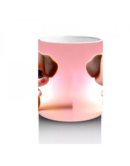 Kalpli Figür Tutan Sevimli Köpekçik (Ön ve Arka) - Baskılı kahve kupası