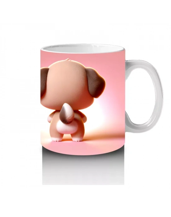 Kalpli Figür Tutan Sevimli Köpekçik (Ön ve Arka) - Baskılı kahve kupası