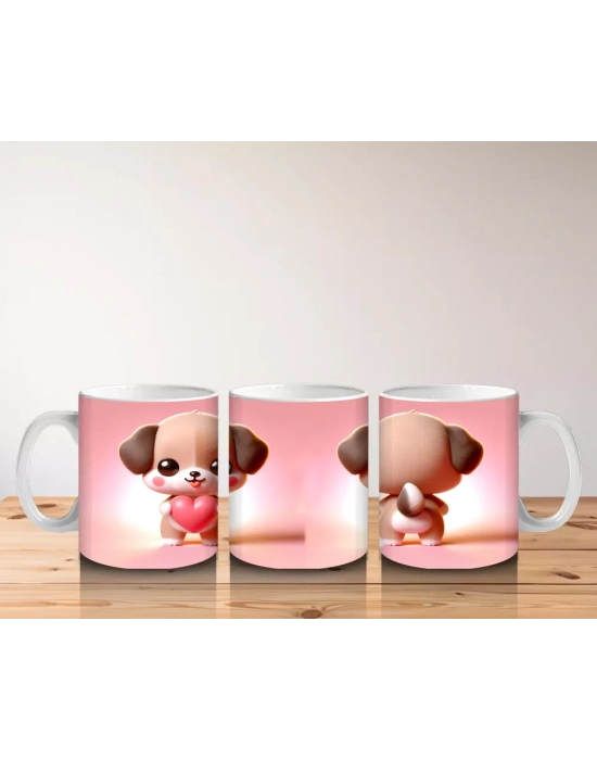 Kalpli Figür Tutan Sevimli Köpekçik (Ön ve Arka) - Baskılı kahve kupası