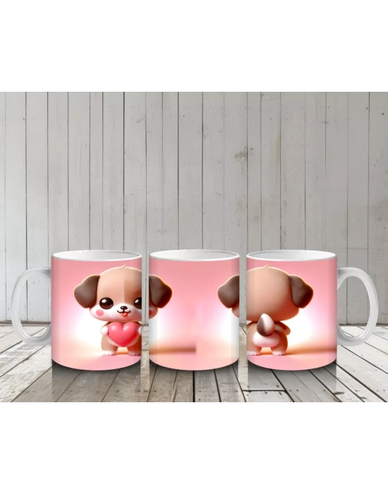 Kalpli Figür Tutan Sevimli Köpekçik (Ön ve Arka) - Baskılı kahve kupası