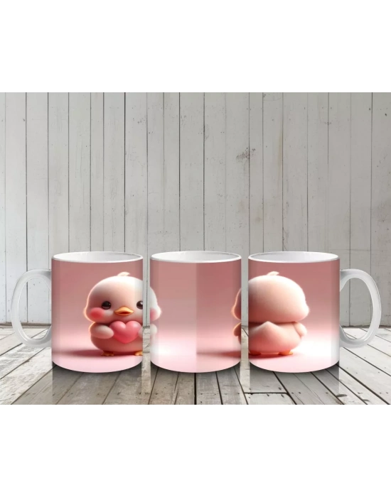 Kalpli Figür Tutan Sevimli Ördekçik Tasarımı - Baskılı kahve kupası