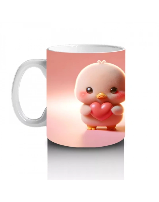 Kalpli Figür Tutan Sevimli Pembe Civciv (Ön ve Arka) - Baskılı kahve kupası