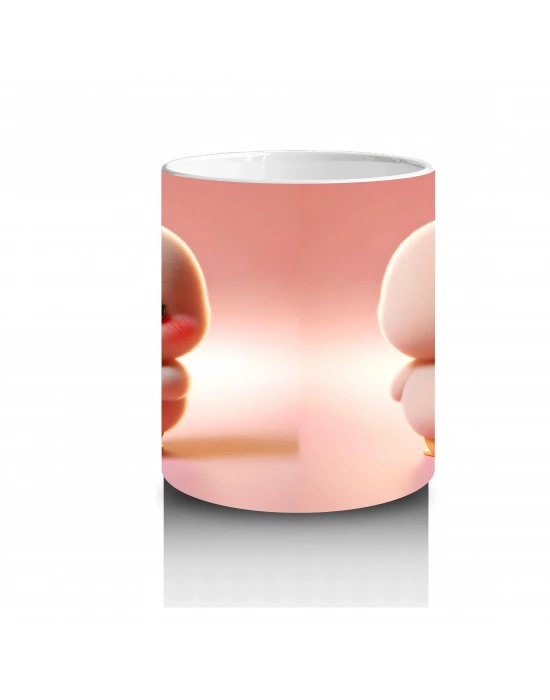 Kalpli Figür Tutan Sevimli Pembe Civciv (Ön ve Arka) - Baskılı kahve kupası