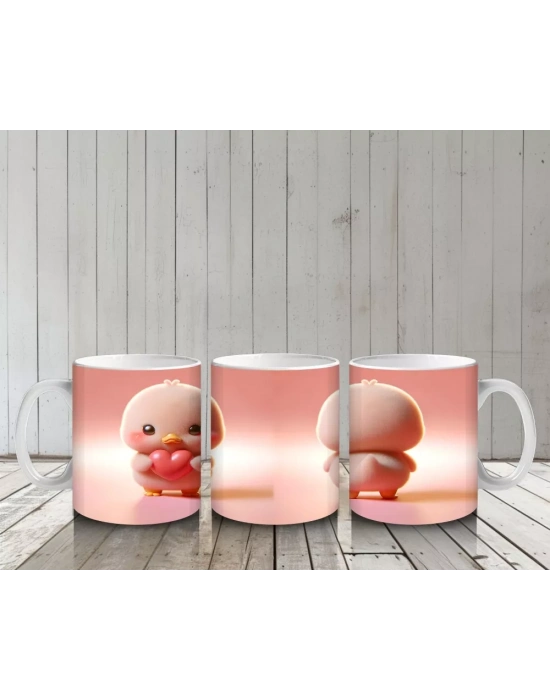 Kalpli Figür Tutan Sevimli Pembe Civciv (Ön ve Arka) - Baskılı kahve kupası