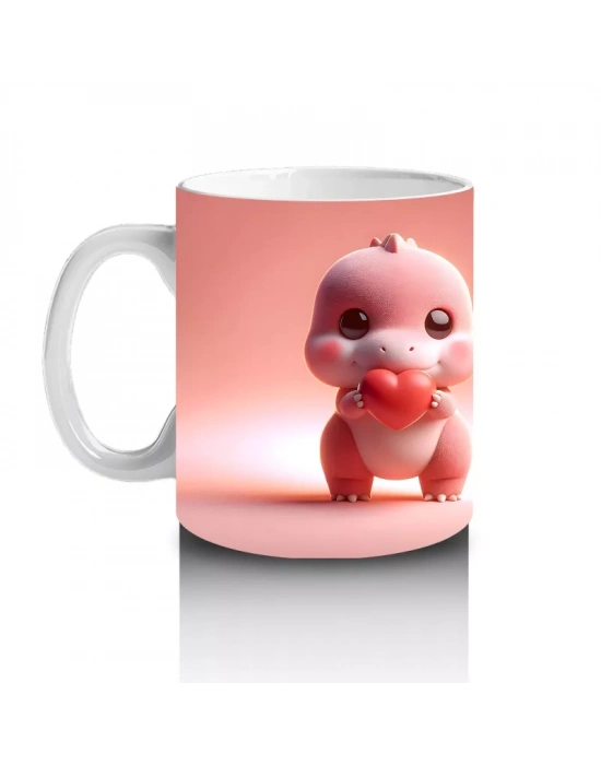 Kalpli Figür Tutan Sevimli Pembe Dinozor (Ön ve Arka) - Baskılı kahve kupası