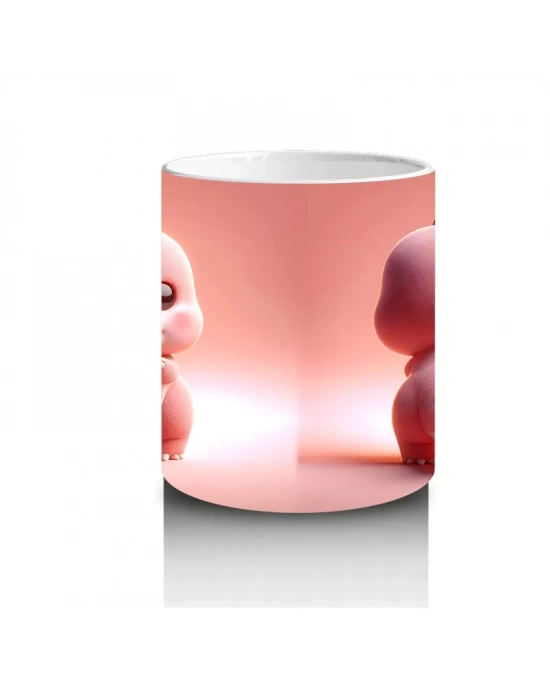 Kalpli Figür Tutan Sevimli Pembe Dinozor (Ön ve Arka) - Baskılı kahve kupası