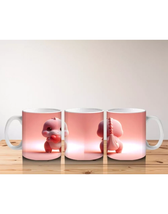Kalpli Figür Tutan Sevimli Pembe Dinozor (Ön ve Arka) - Baskılı kahve kupası