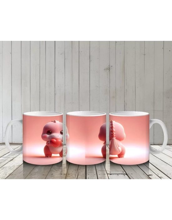 Kalpli Figür Tutan Sevimli Pembe Dinozor (Ön ve Arka) - Baskılı kahve kupası