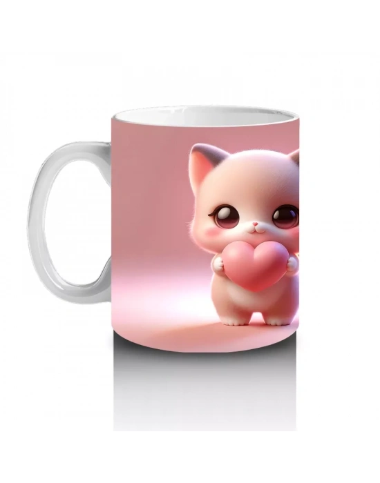 Kalpli Figür Tutan Sevimli Pembe Kedi (Ön ve Arka) - Baskılı kahve kupası