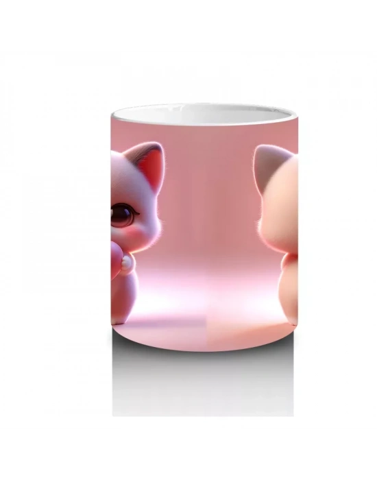 Kalpli Figür Tutan Sevimli Pembe Kedi (Ön ve Arka) - Baskılı kahve kupası